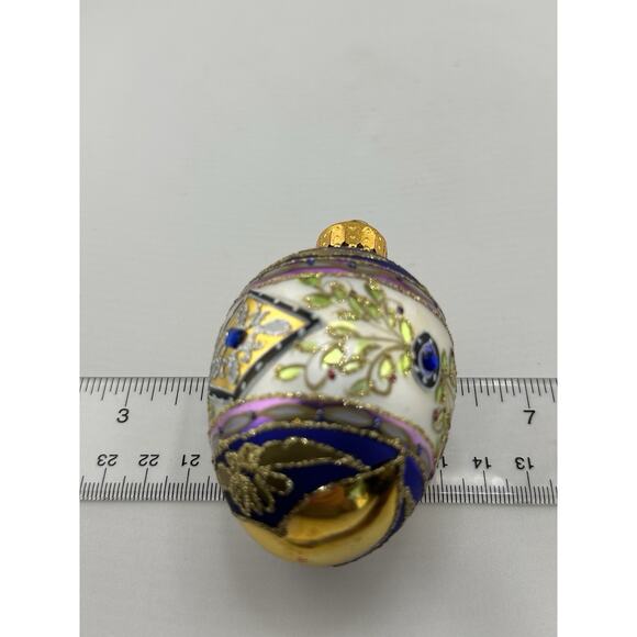 Unique Treasures Hand Blown Glass Egg Ornament w/ Blue and Gold Accents Crystals - Picture 8 of 9